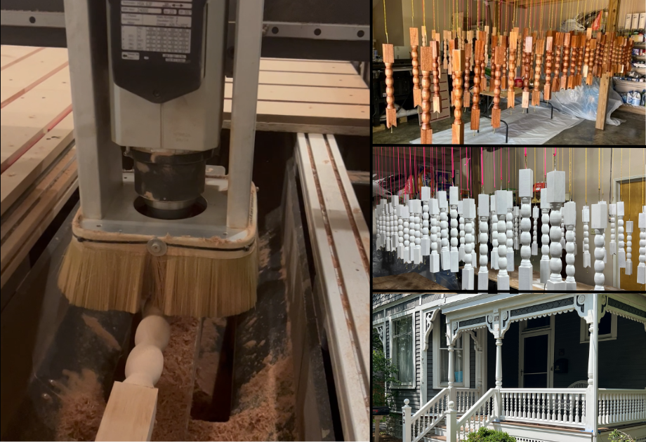 Victorian style railing spindles being created by a CNC robot